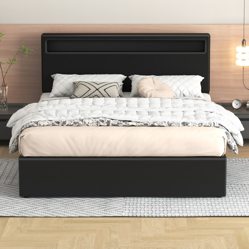 Black Caledon PU Leather Gas Lift Storage Bed with LED