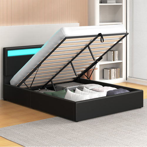 Black Caledon PU Leather Gas Lift Storage Bed with LED