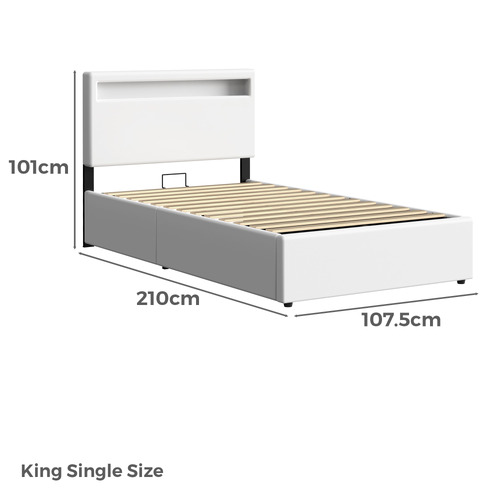 White Caledon PU Leather Gas Lift Storage Bed with LED