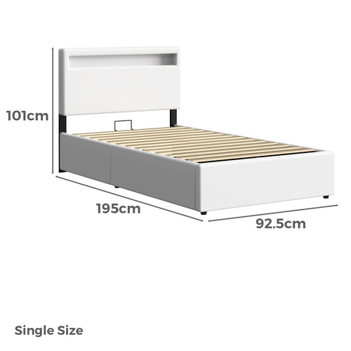 White Caledon PU Leather Gas Lift Storage Bed with LED