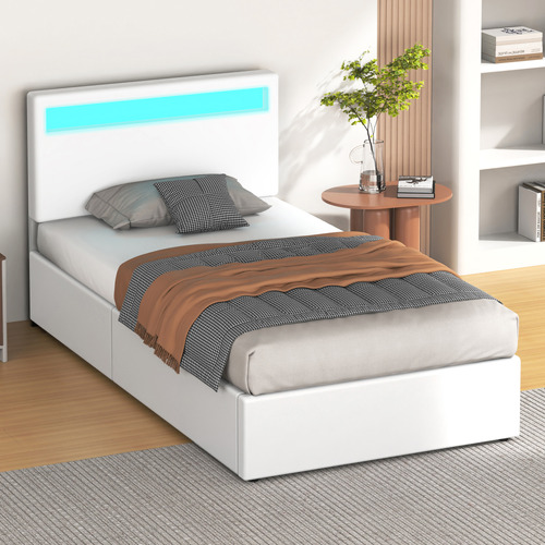 White-Caledon-PU-Leather-Gas-Lift-Storage-Bed-with-LED