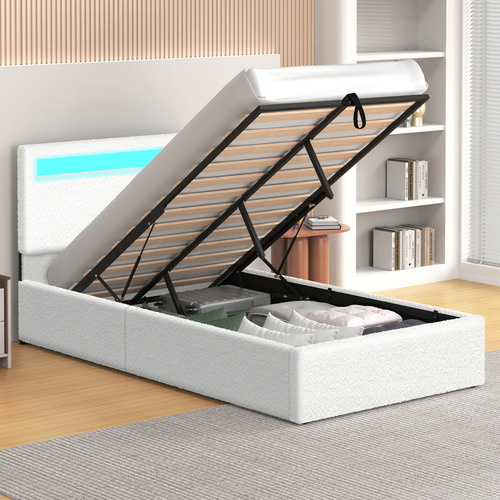 White-Caledon-Boucle-Gas-Lift-Storage-Bed-with-LED