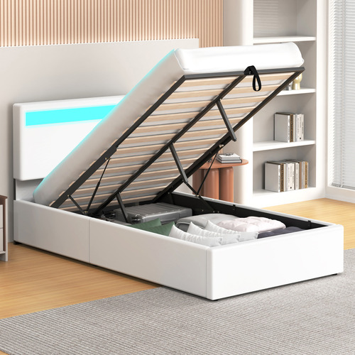 White-Caledon-PU-Leather-Gas-Lift-Storage-Bed-with-LED