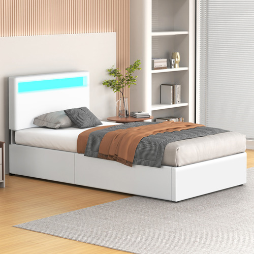 White-Caledon-PU-Leather-Gas-Lift-Storage-Bed-with-LED