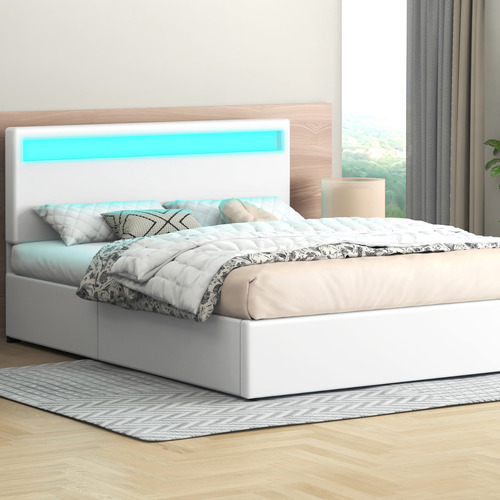 White-Caledon-PU-Leather-Gas-Lift-Storage-Bed-with-LED