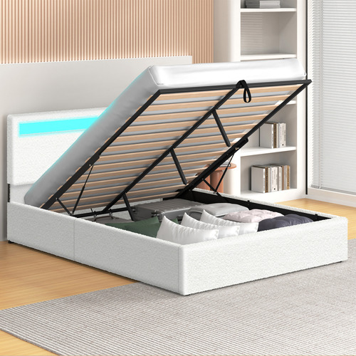 White-Caledon-Boucle-Gas-Lift-Storage-Bed-with-LED
