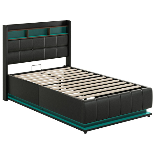 Black Alfie Faux Leather Gas Lift Storage Bed with LED