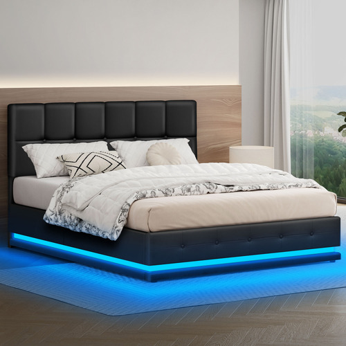 Black-Sylvie-Faux-Leather-Gas-Lift-Storage-Bed-Frame-with-LED
