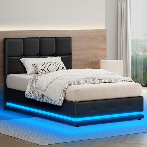 Black-Sylvie-Faux-Leather-Gas-Lift-Storage-Bed-Frame-with-LED