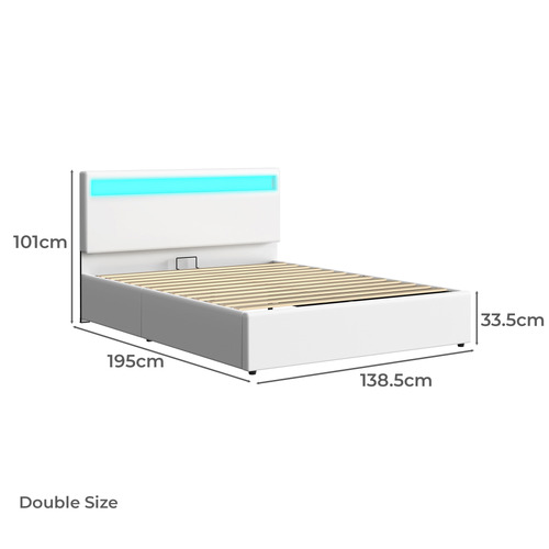 White Caledon PU Leather Gas Lift Storage Bed with LED