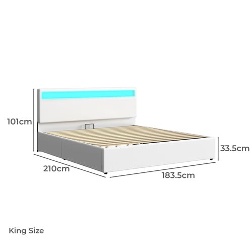 White Caledon PU Leather Gas Lift Storage Bed with LED