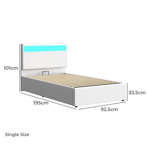 White Caledon PU Leather Gas Lift Storage Bed with LED