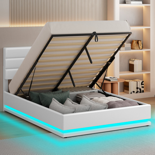 White-Alpine-PU-Leather-Gas-Lift-Storage-Bed-with-LED