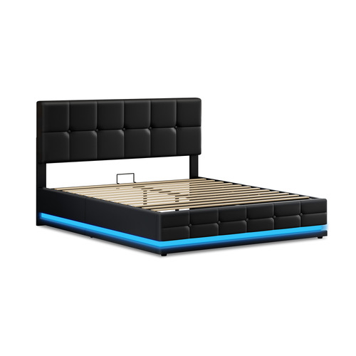 Black-Sylvie-Faux-Leather-Gas-Lift-Storage-Bed-Frame-with-LED