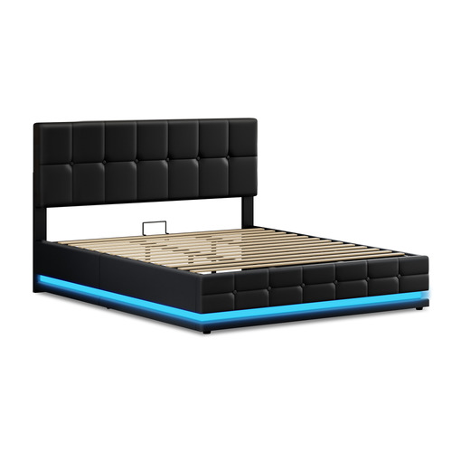 Black-Sylvie-Faux-Leather-Gas-Lift-Storage-Bed-Frame-with-LED
