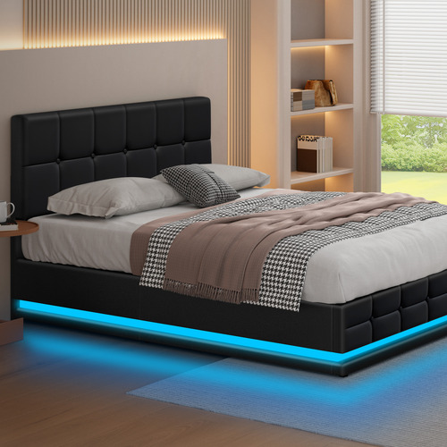 Black-Sylvie-Faux-Leather-Gas-Lift-Storage-Bed-Frame-with-LED
