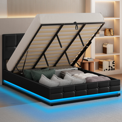 Black-Sylvie-Faux-Leather-Gas-Lift-Storage-Bed-Frame-with-LED