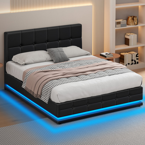 Black-Sylvie-Faux-Leather-Gas-Lift-Storage-Bed-Frame-with-LED