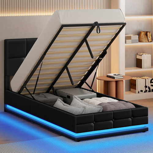 Black-Sylvie-Faux-Leather-Gas-Lift-Storage-Bed-Frame-with-LED