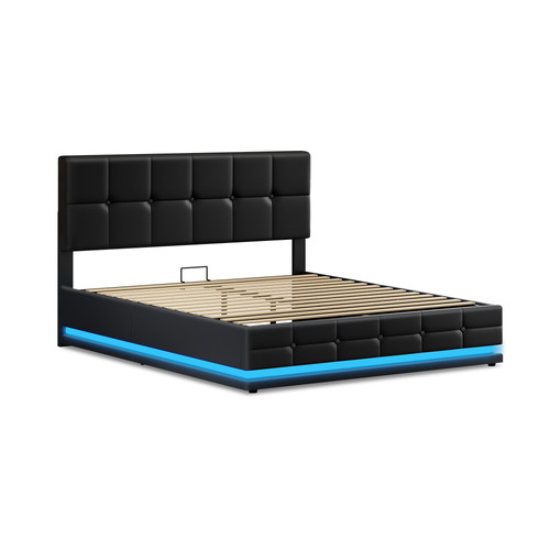 Black-Sylvie-Faux-Leather-Gas-Lift-Storage-Bed-Frame-with-LED