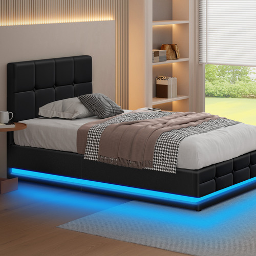 Black-Sylvie-Faux-Leather-Gas-Lift-Storage-Bed-Frame-with-LED