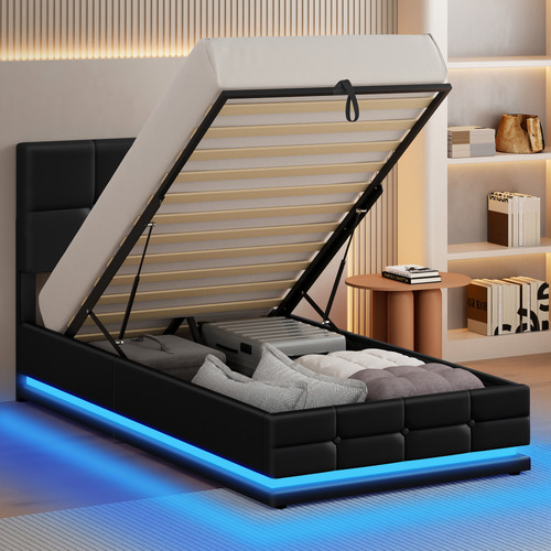 Black-Sylvie-Faux-Leather-Gas-Lift-Storage-Bed-Frame-with-LED