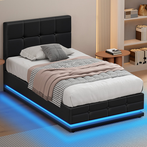 Black-Sylvie-Faux-Leather-Gas-Lift-Storage-Bed-Frame-with-LED
