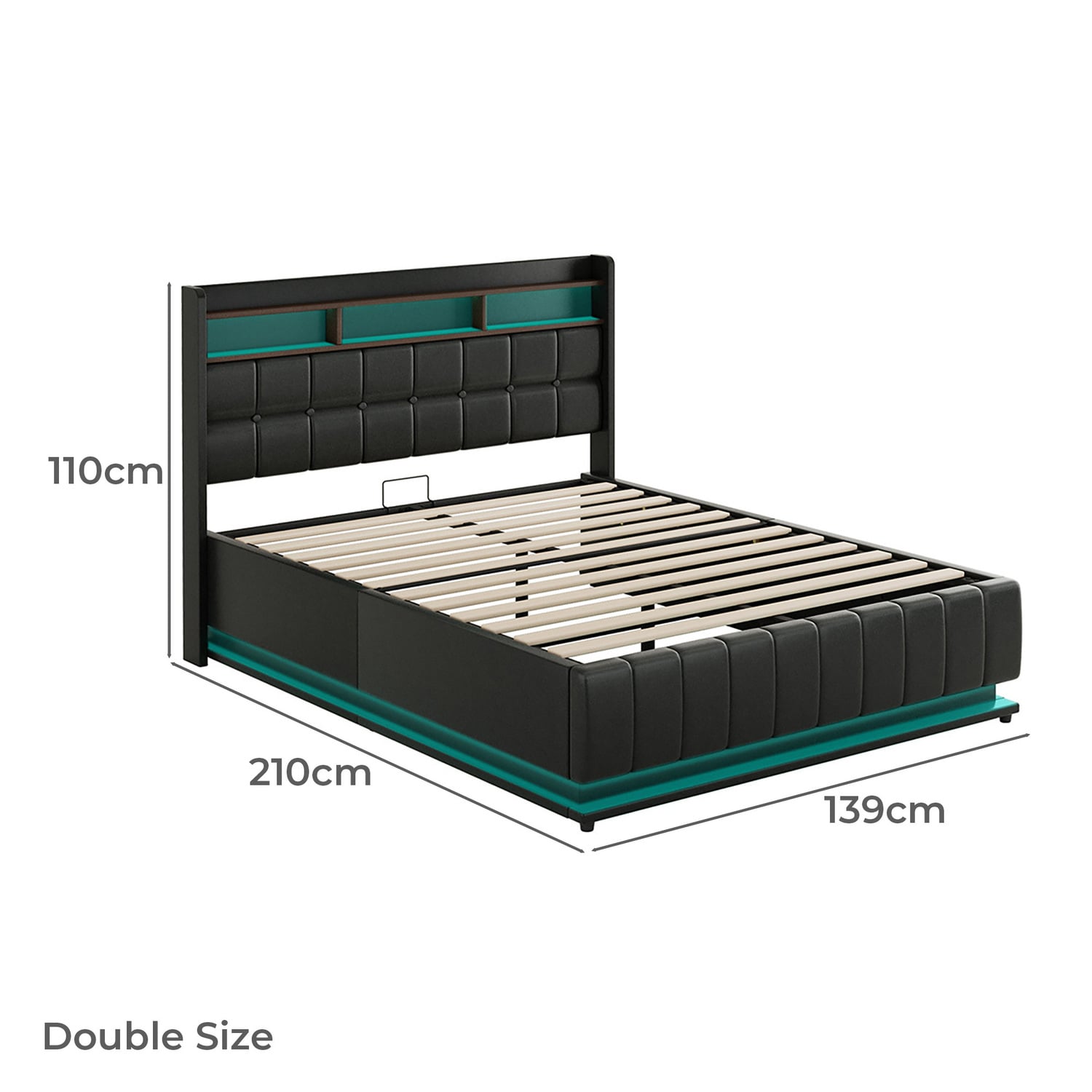 Black Michel Faux Leather Gas Lift Storage Bed with LED