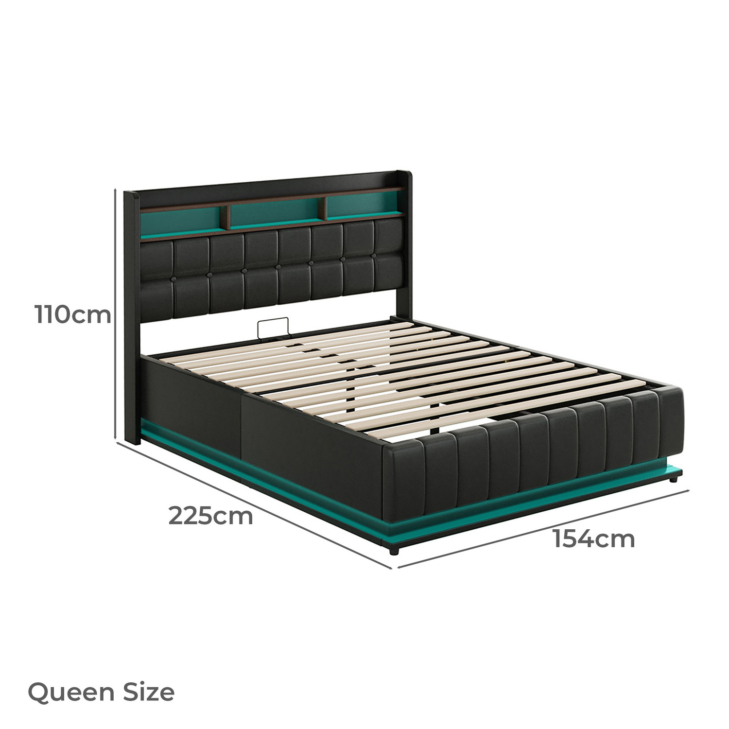 Black Michel Faux Leather Gas Lift Storage Bed with LED
