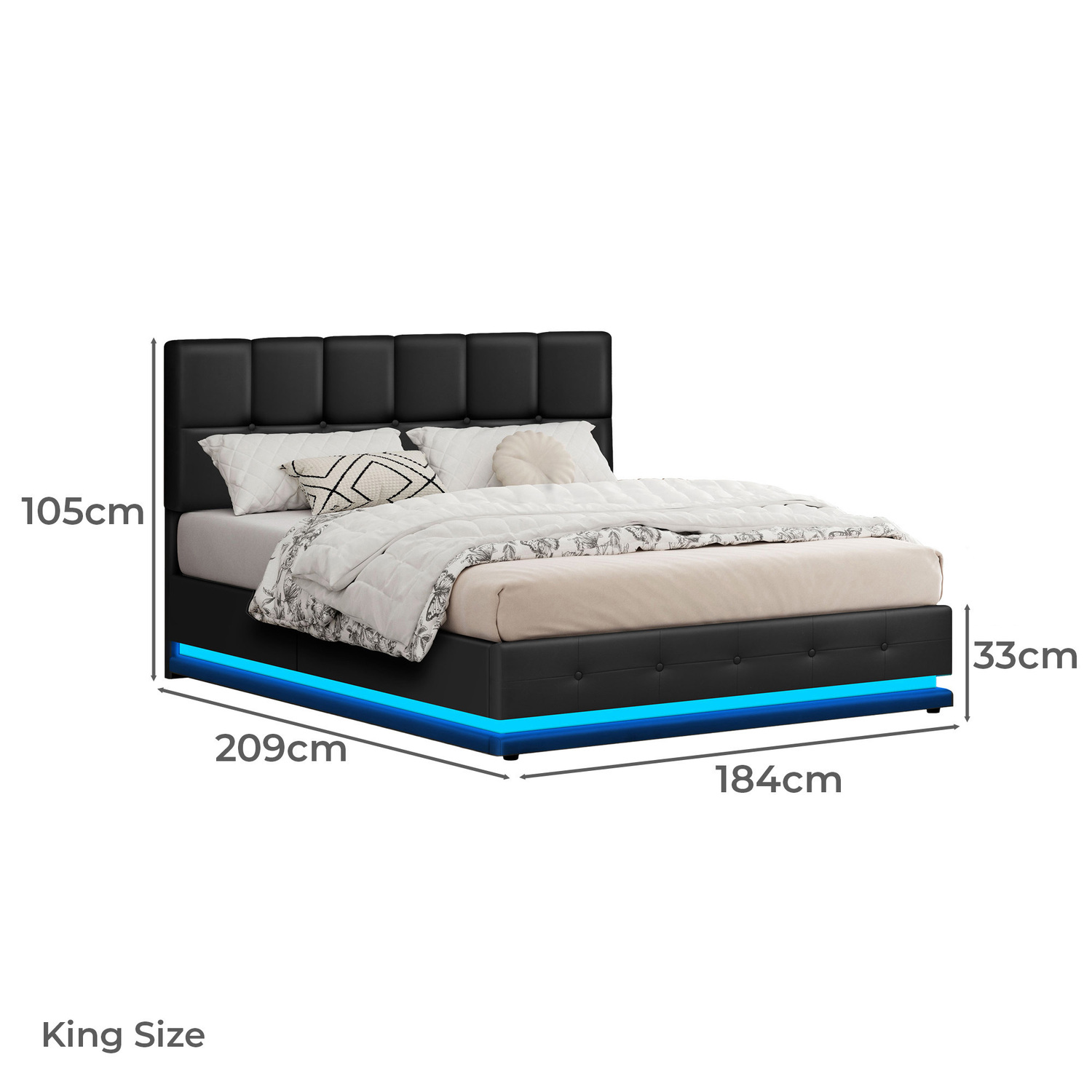Black Sylvie Faux Leather Gas Lift Storage Bed Frame with LED