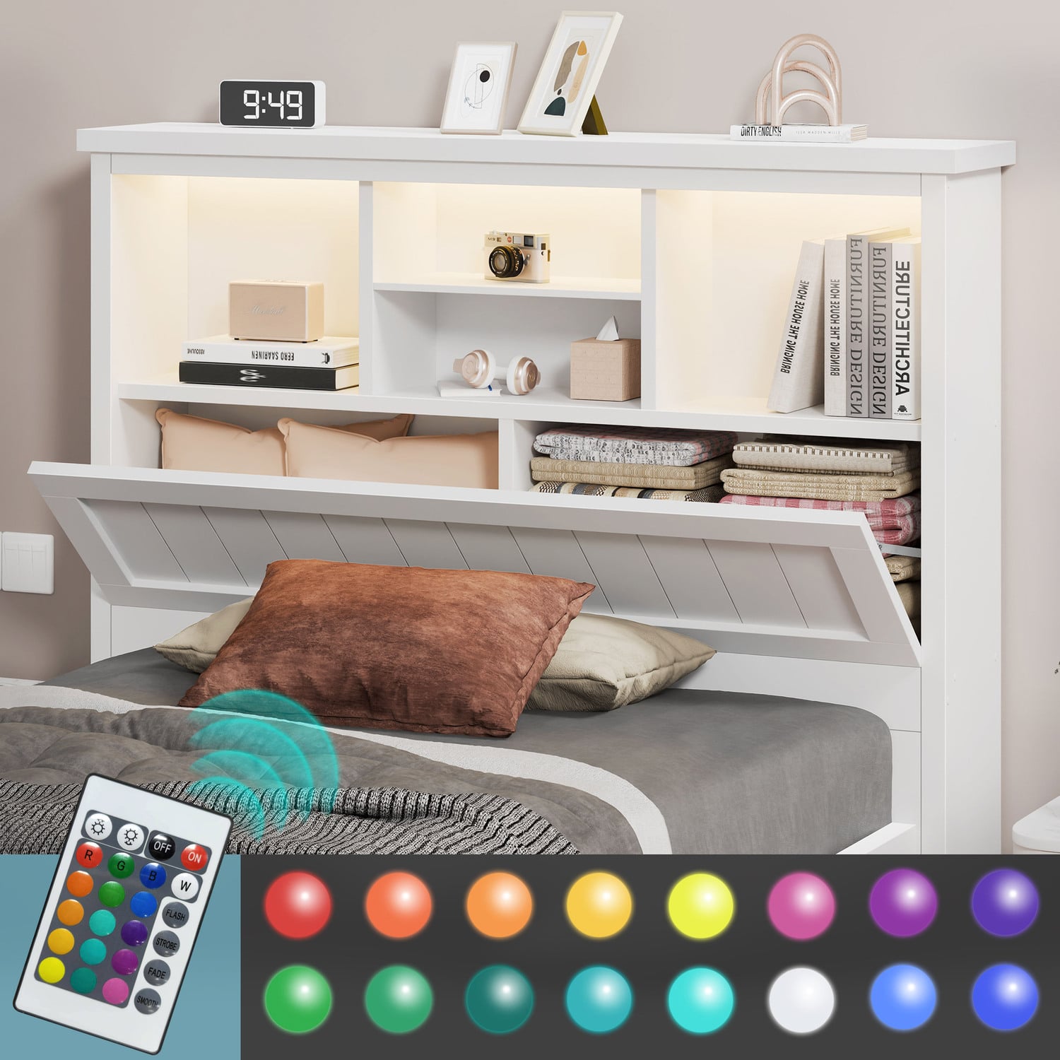 Diaz King Single Platform Bed with Storage Headboard & LED