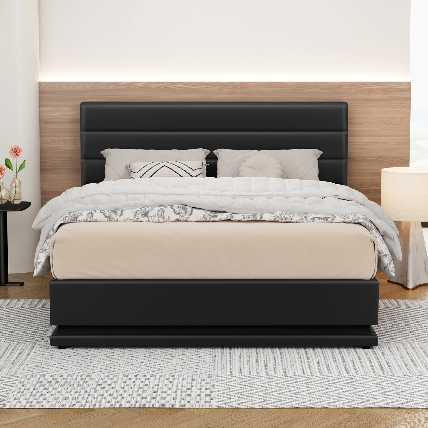 Black Alpine PU Leather Gas Lift Storage Bed with LED