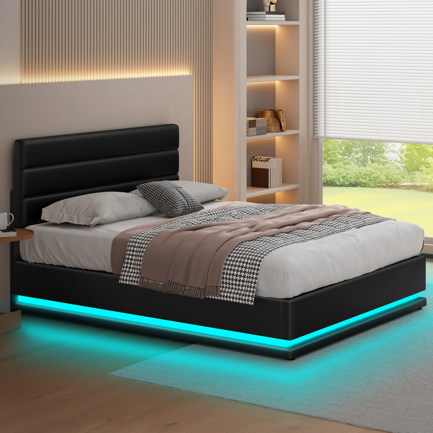 Black Alpine PU Leather Gas Lift Storage Bed with LED