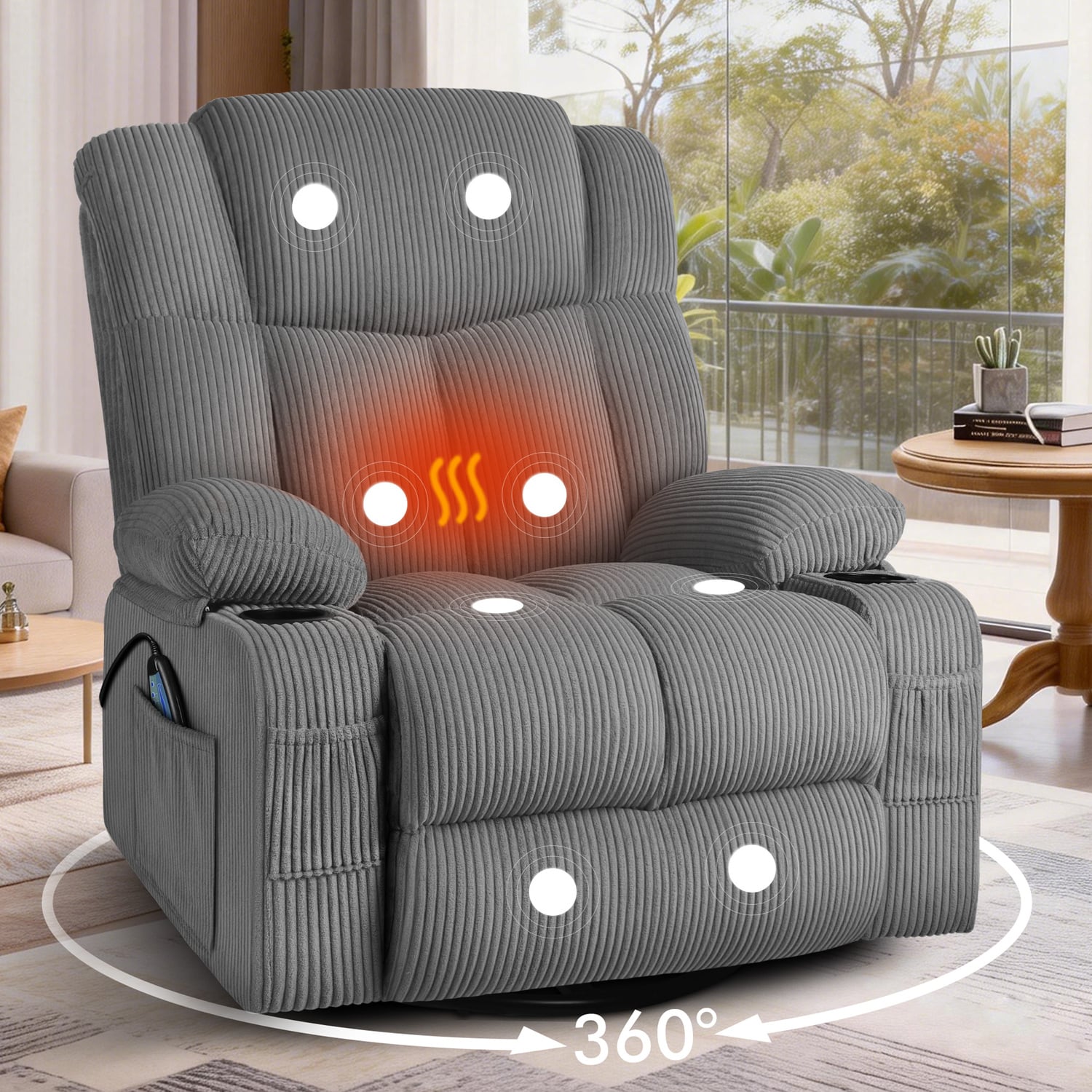 Hannah Corduroy Heated Massage Swivel Recliner Chair