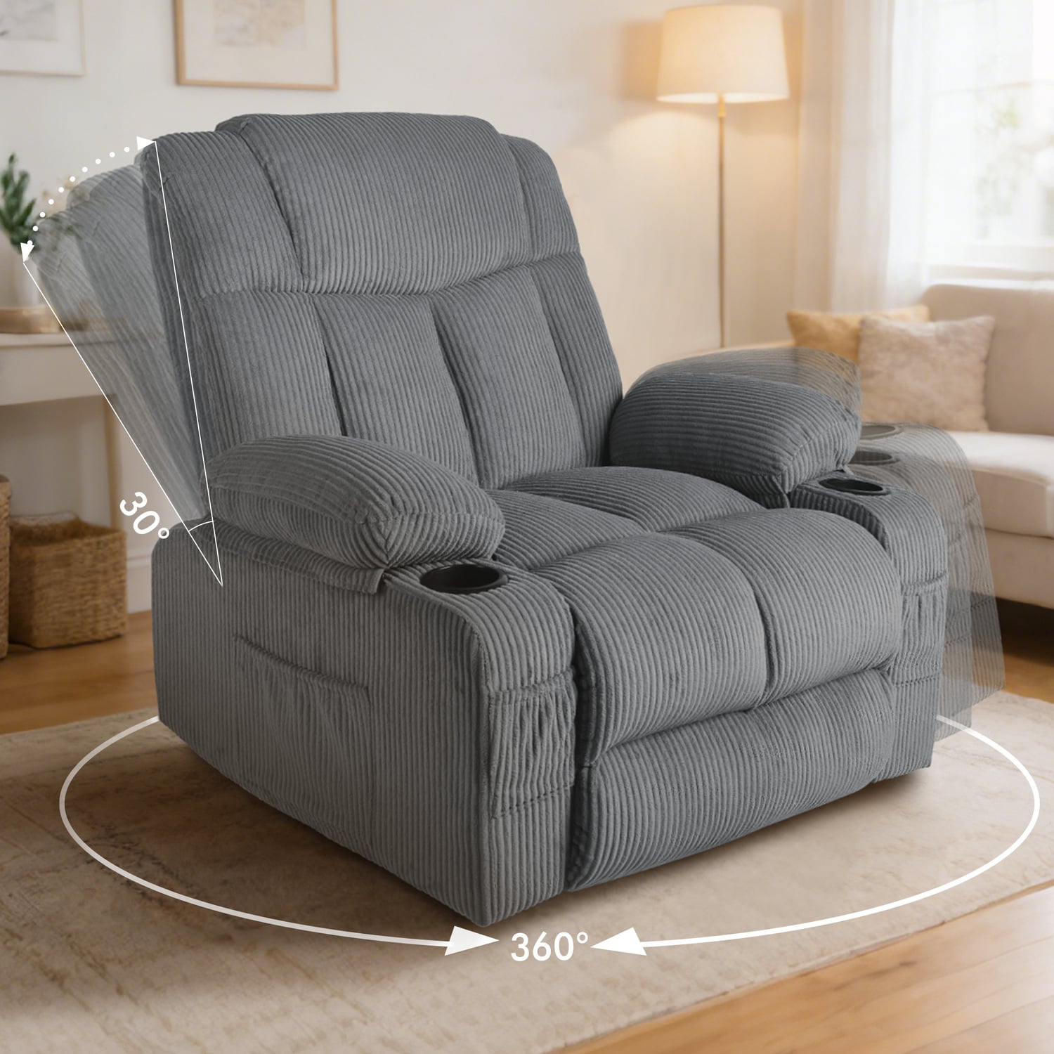 Hannah Corduroy Heated Massage Swivel Recliner Chair