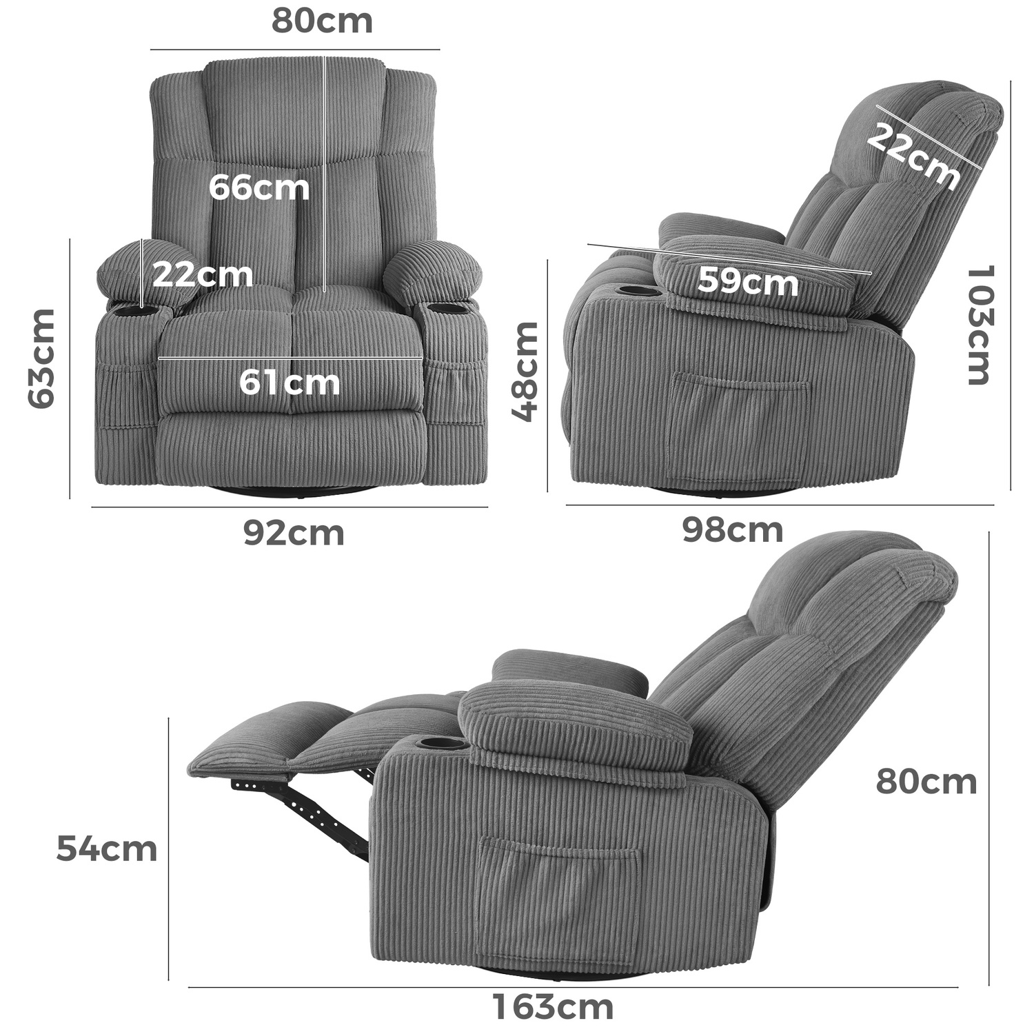 Hannah Corduroy Heated Massage Swivel Recliner Chair