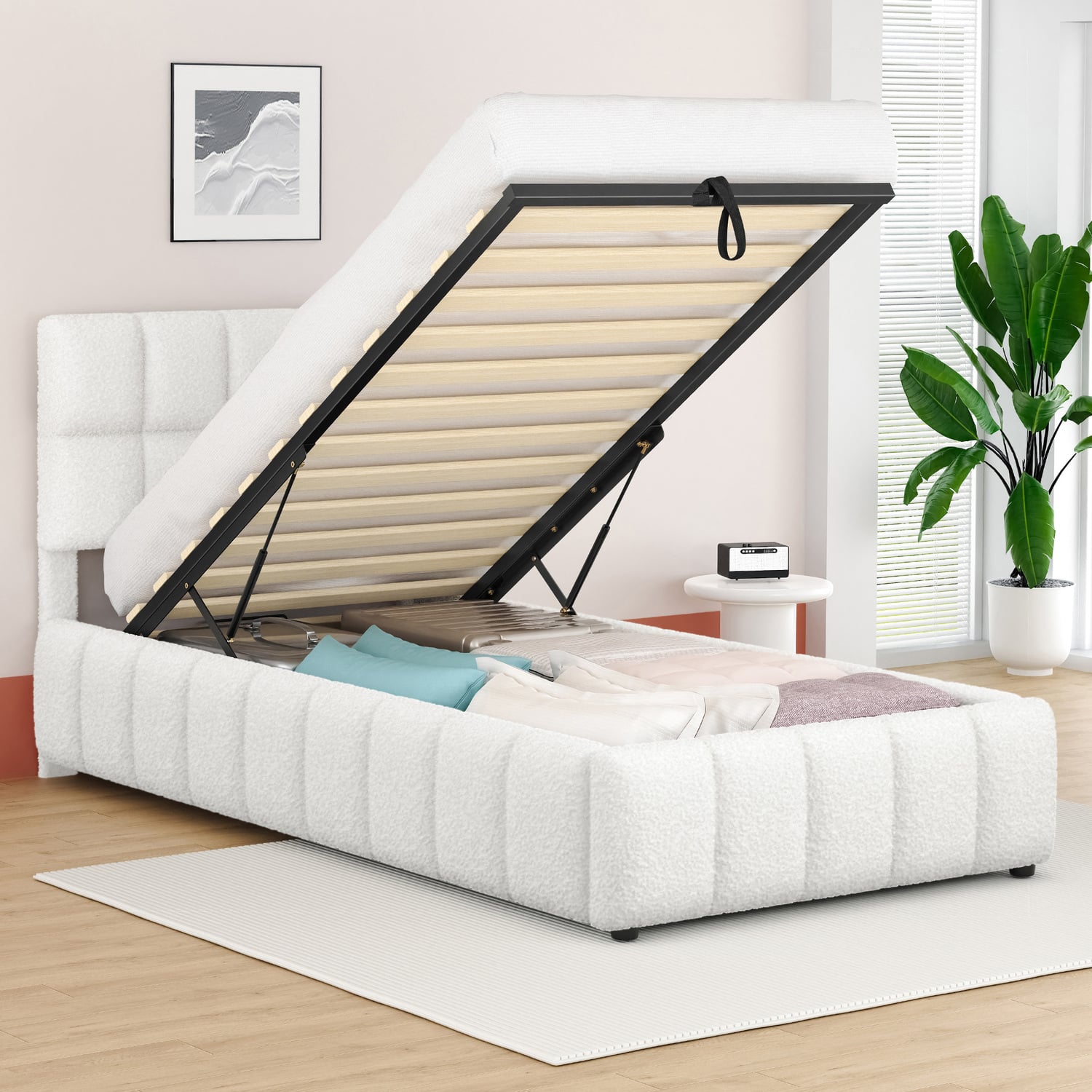 White-Ellie-May-Boucle-Gas-Lift-Storage-Bed-Frame