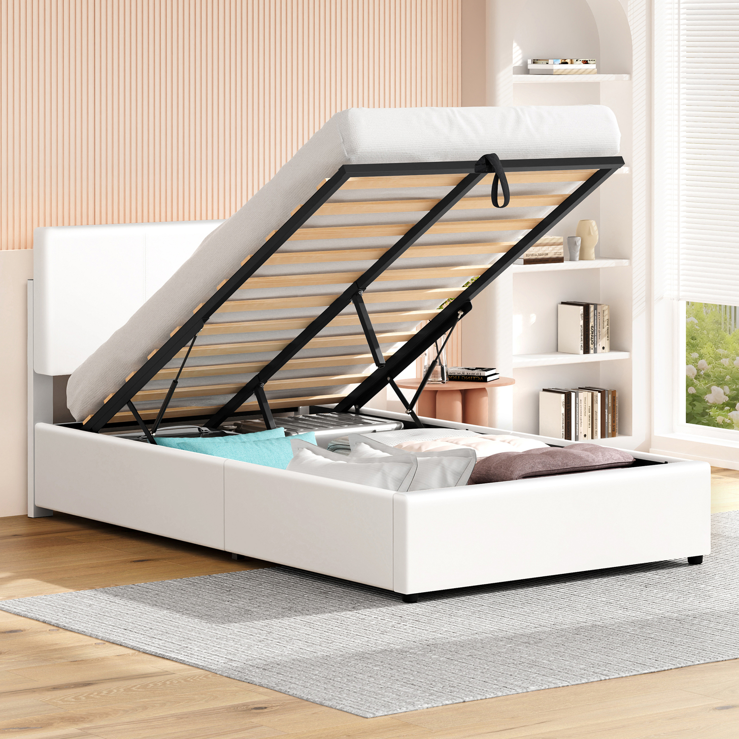 White Hudson Faux Leather Gas Lift Storage Bed