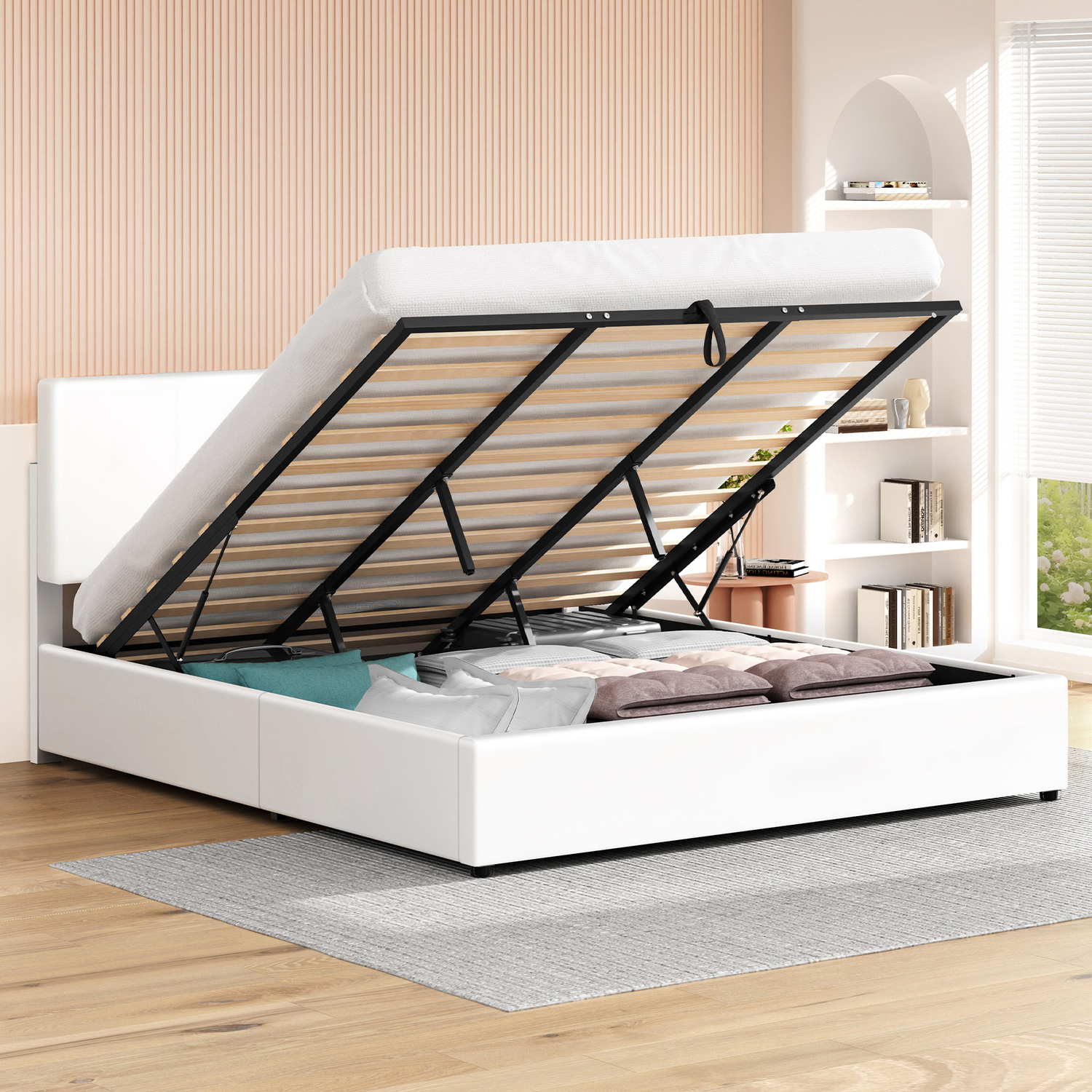 White Hudson Faux Leather Gas Lift Storage Bed