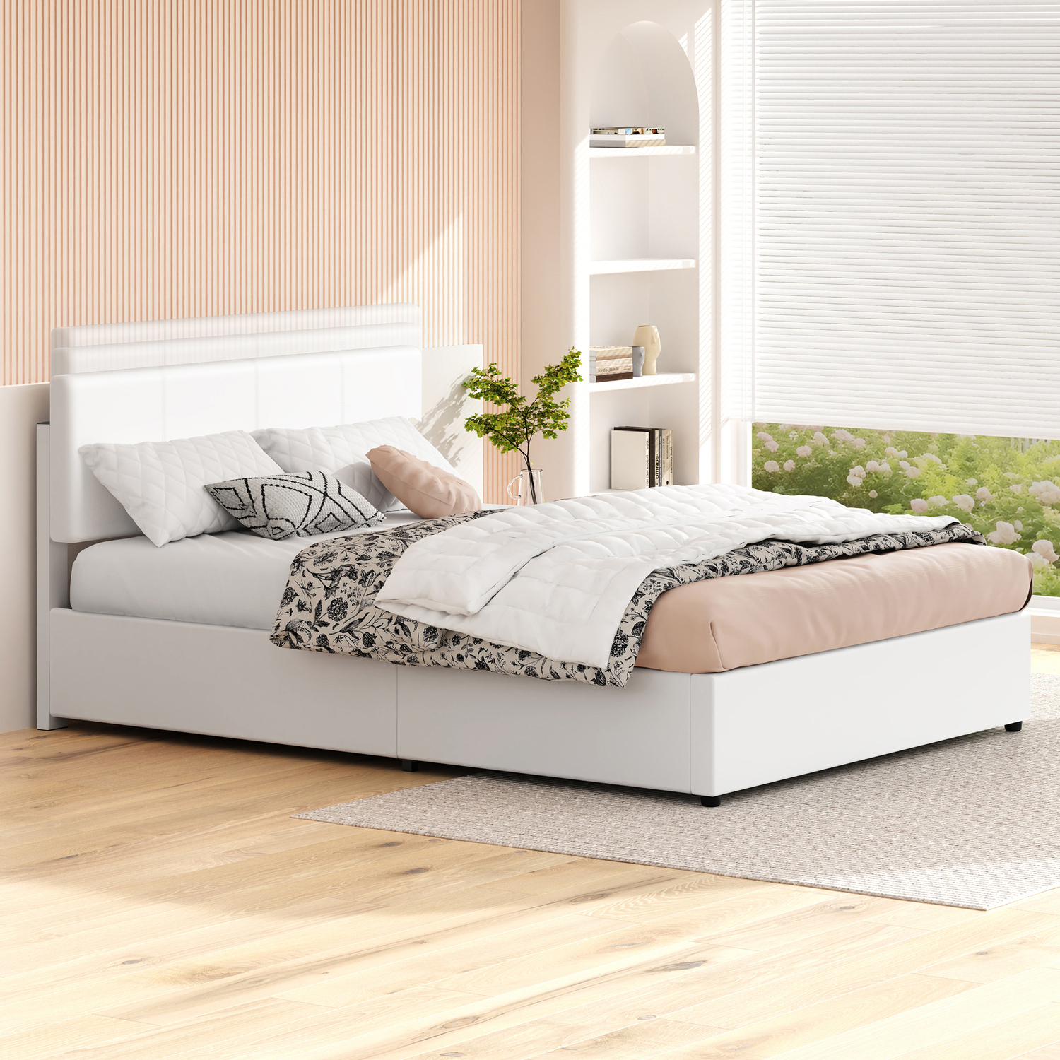White Hudson Faux Leather Gas Lift Storage Bed