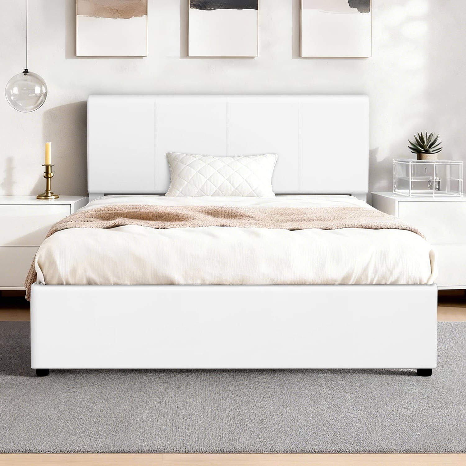 White Hudson Faux Leather Gas Lift Storage Bed