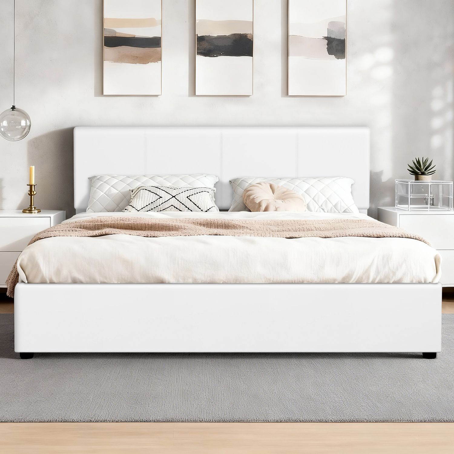 White Hudson Faux Leather Gas Lift Storage Bed