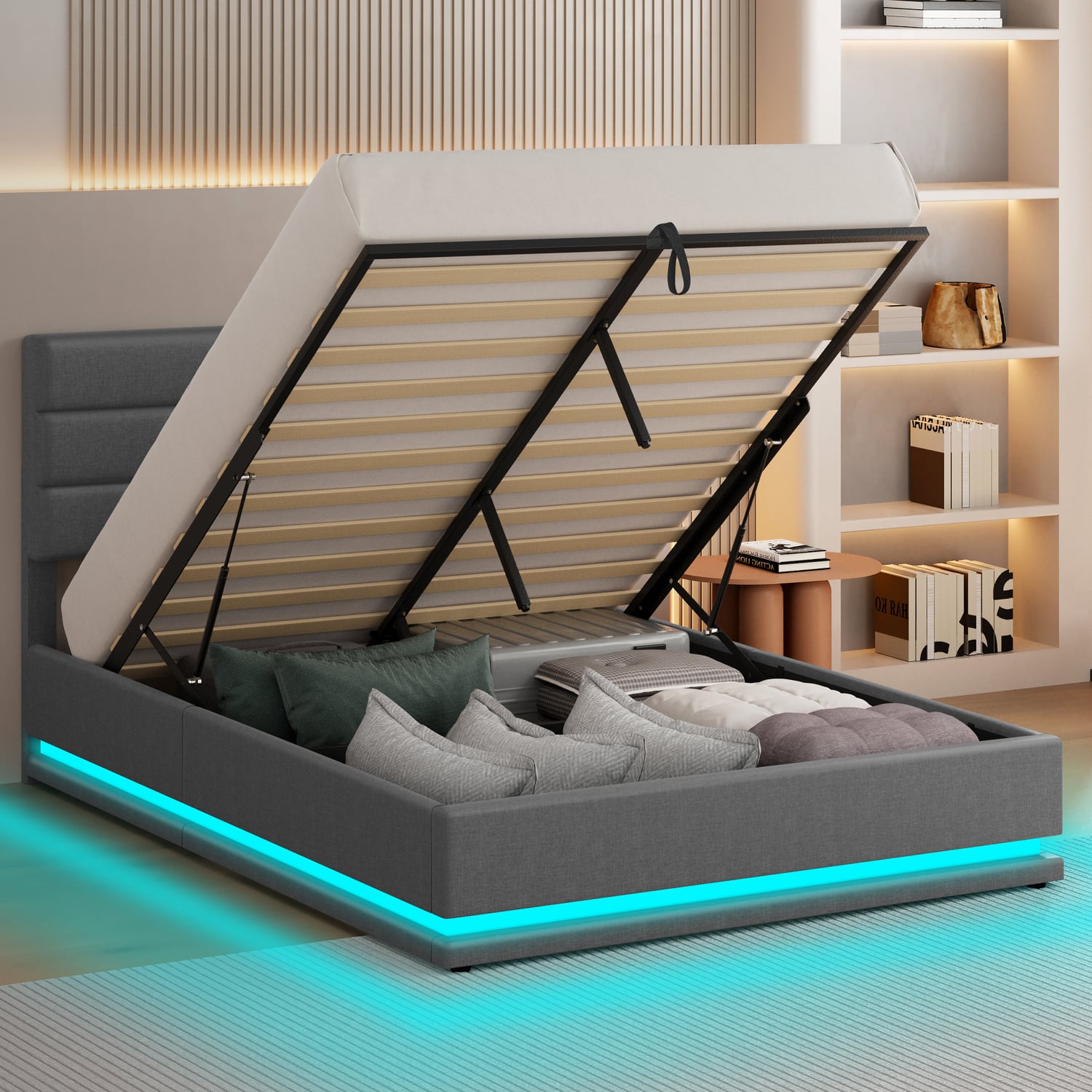 Grey Alpine Upholstered Gas Lift Storage Bed with LED