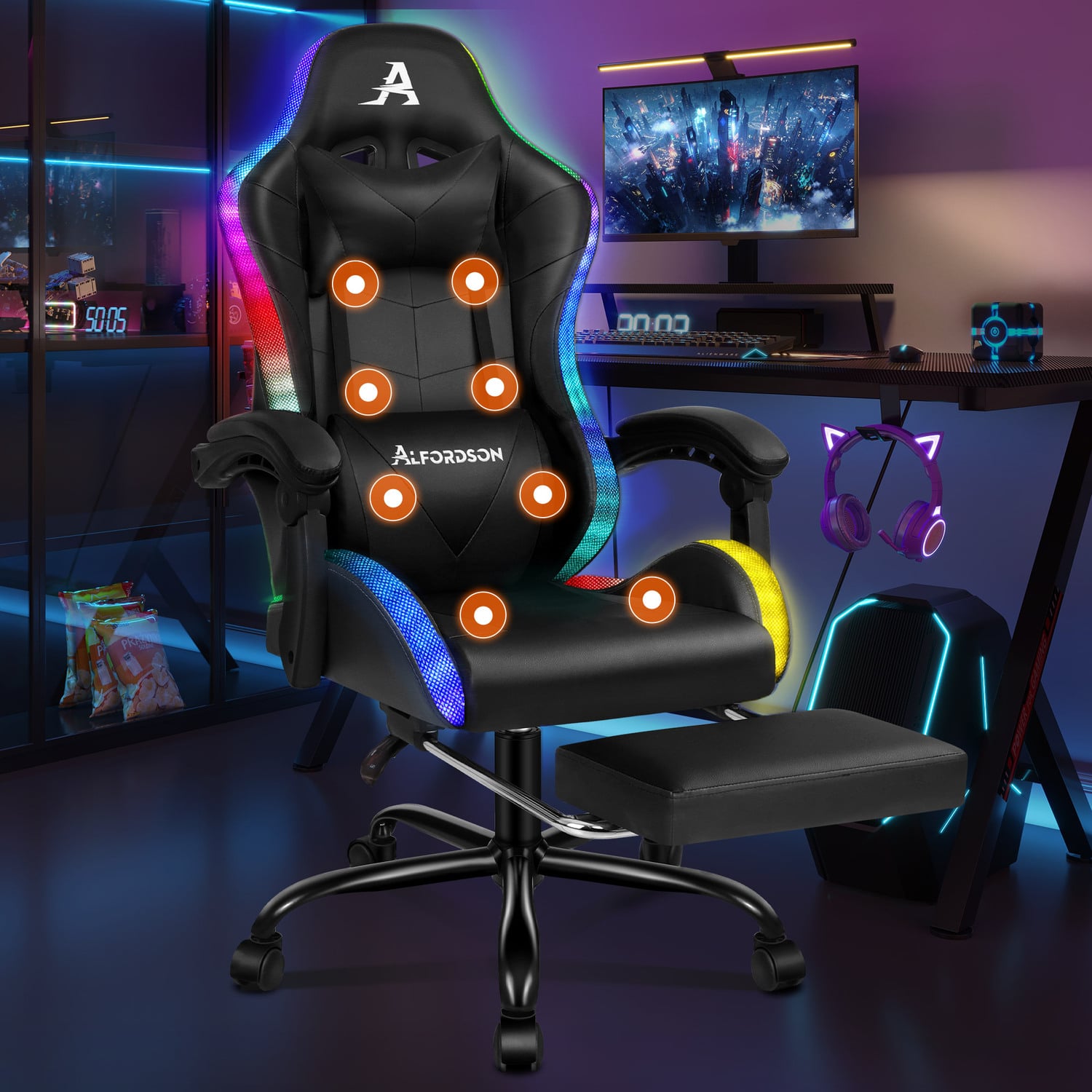 Delina LED Massage & Gaming Chair with Footrest