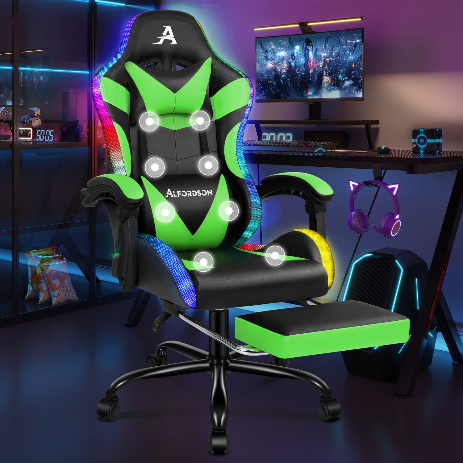 Delina LED Massage & Gaming Chair with Footrest