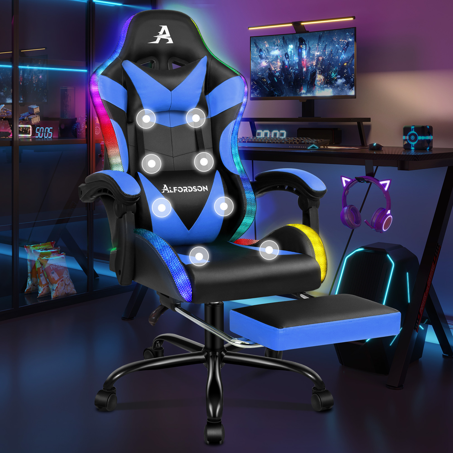 Delina LED Massage & Gaming Chair with Footrest