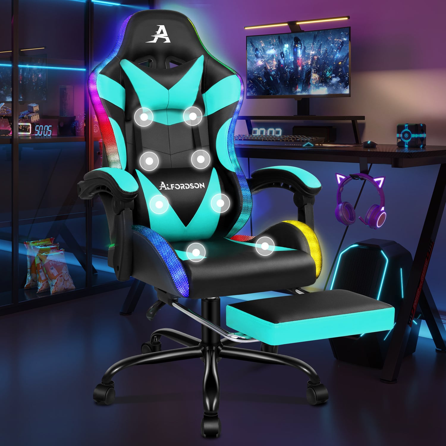 Delina LED Massage & Gaming Chair with Footrest