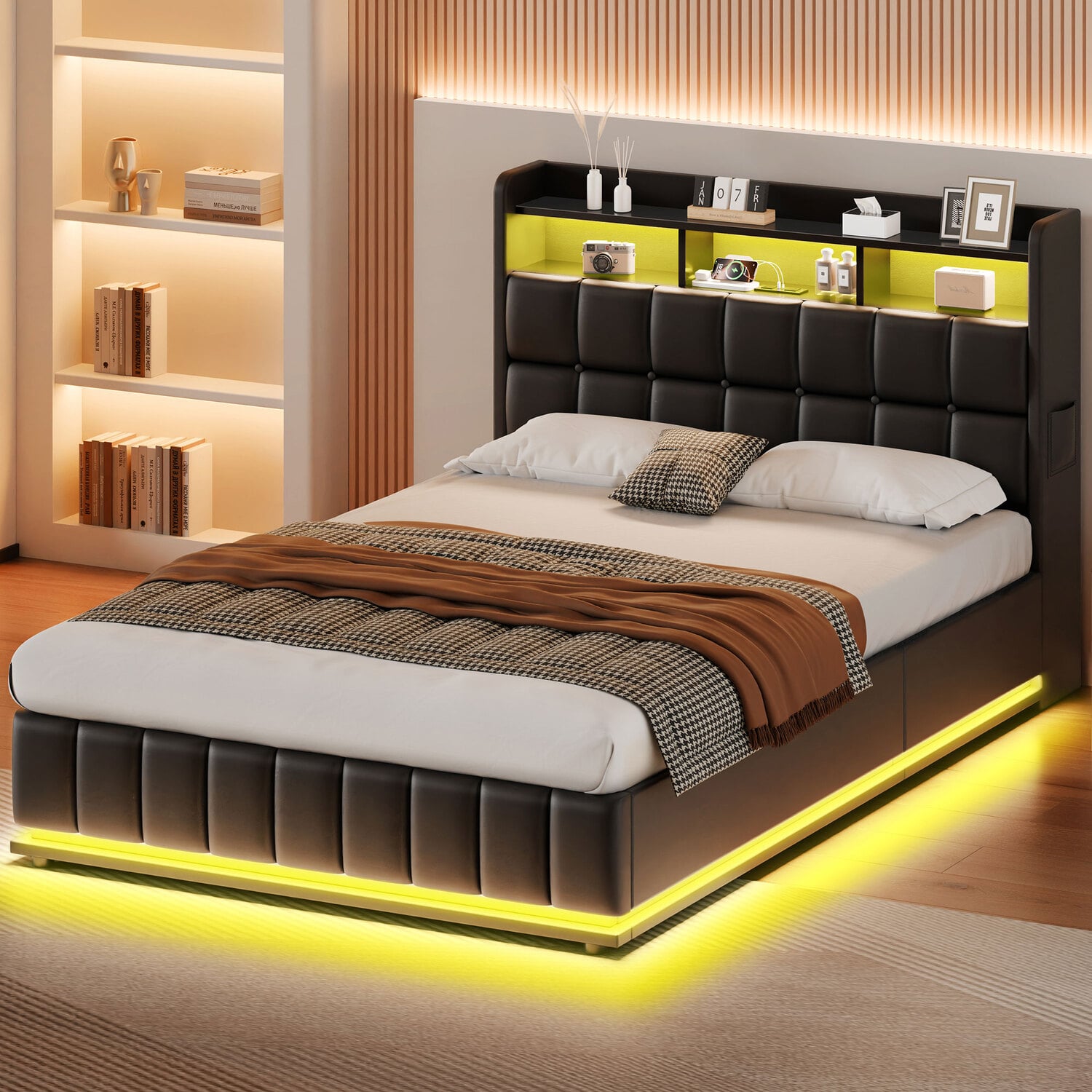 Black Michel Faux Leather Gas Lift Storage Bed Frame with LED