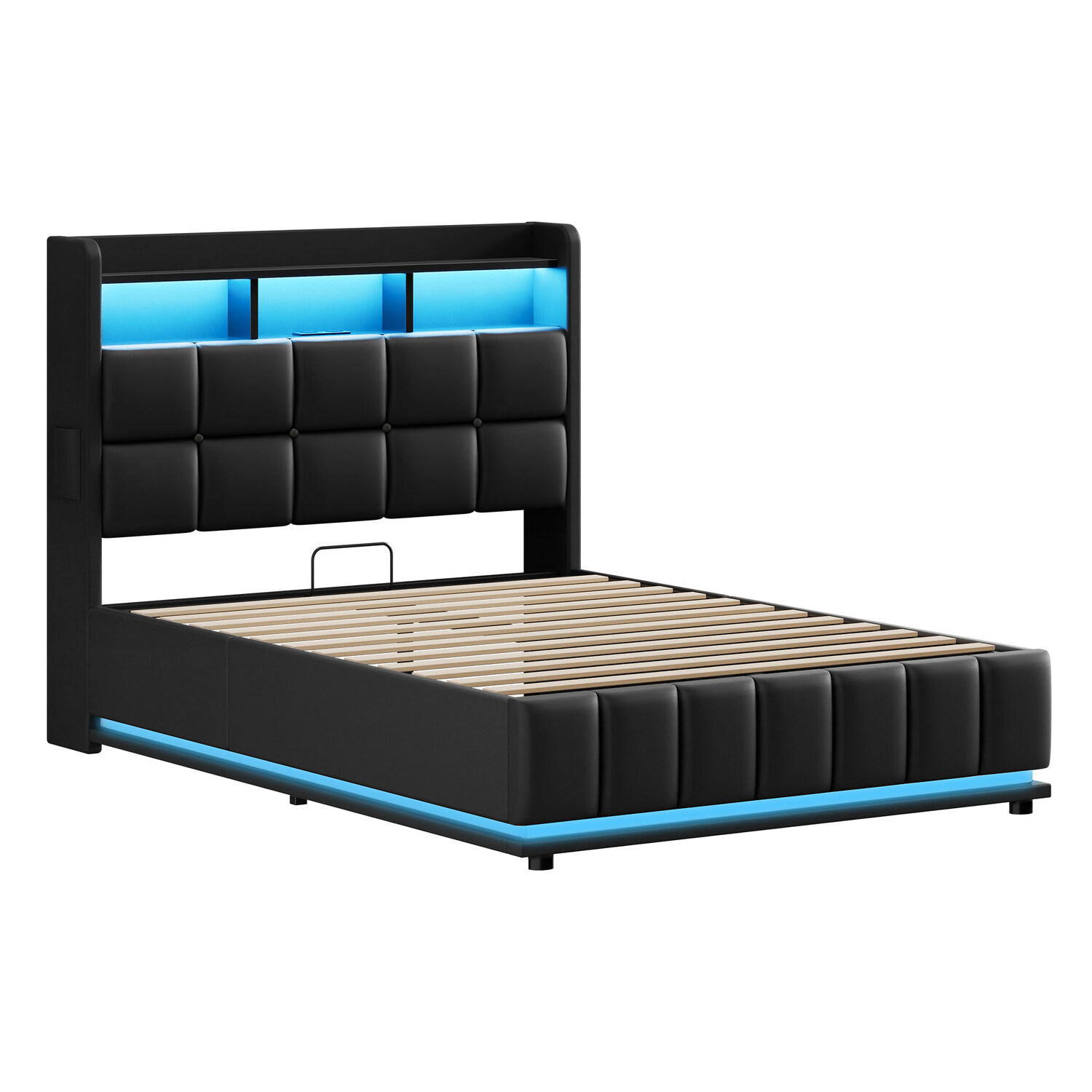 Black Michel Faux Leather Gas Lift Storage Bed Frame with LED