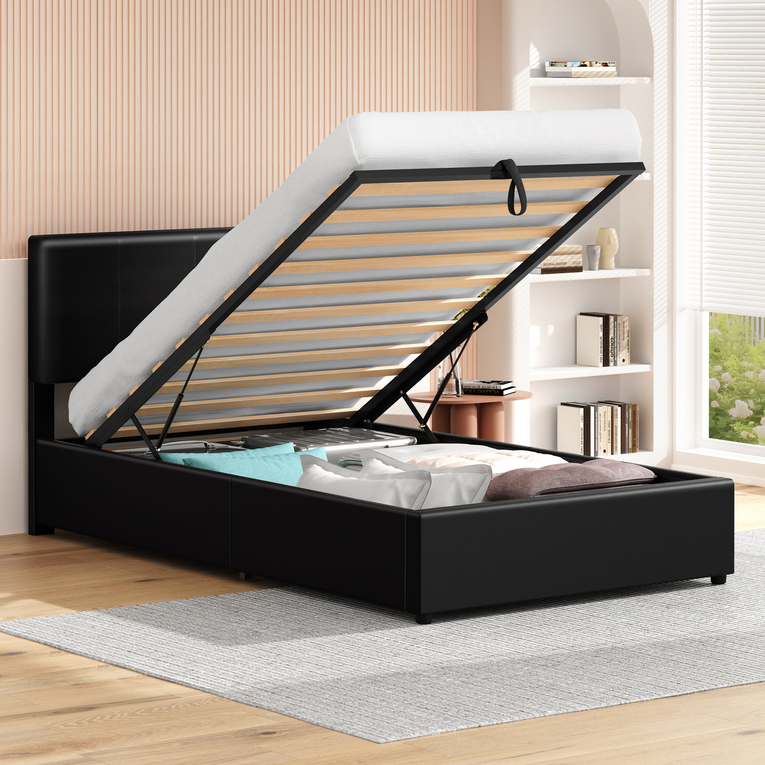 Black Hudson Faux Leather Gas Lift Storage Bed